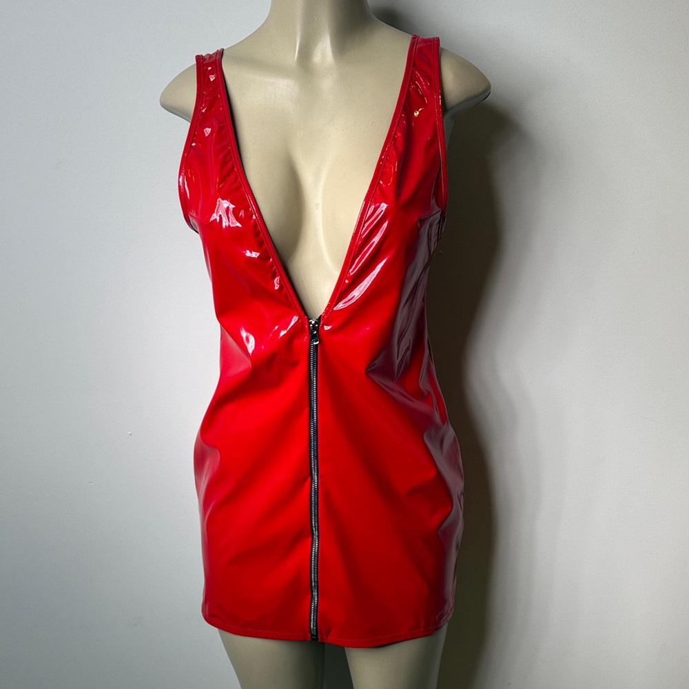 Red Patent Deep V Zip-Front Mini Dress NWOT